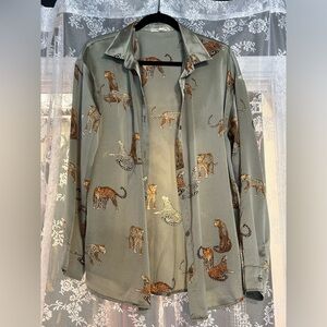 Leopard Print Button Down Blouse Silky Satin Sz L Olive Green Gorgeous Classy